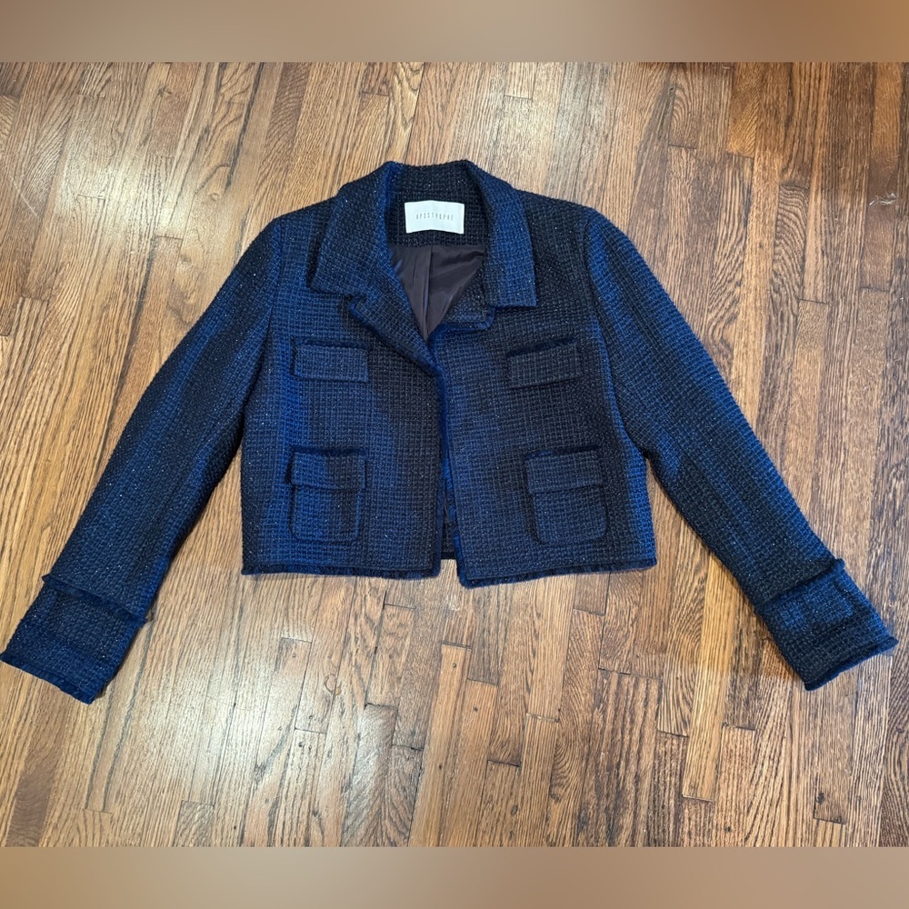 Apostrophe Fringe Pocket Edge Dark Blue Tweed Pocket Blazer Size 44 Large
